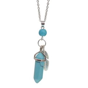 Collier pendentif prisme hexagonal plume turquoise