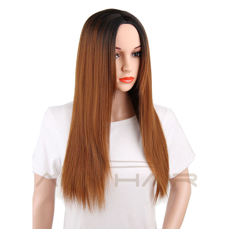 Top Selling Long Silky Straight Wave Wigs Ombre Brown Color Synthetic Fiber Wigs For Women