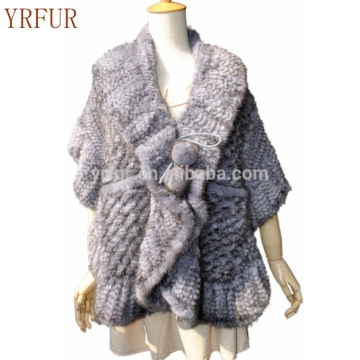 YR339 Classic Genuine Mink Tail Knitted Fur Cape Shawl