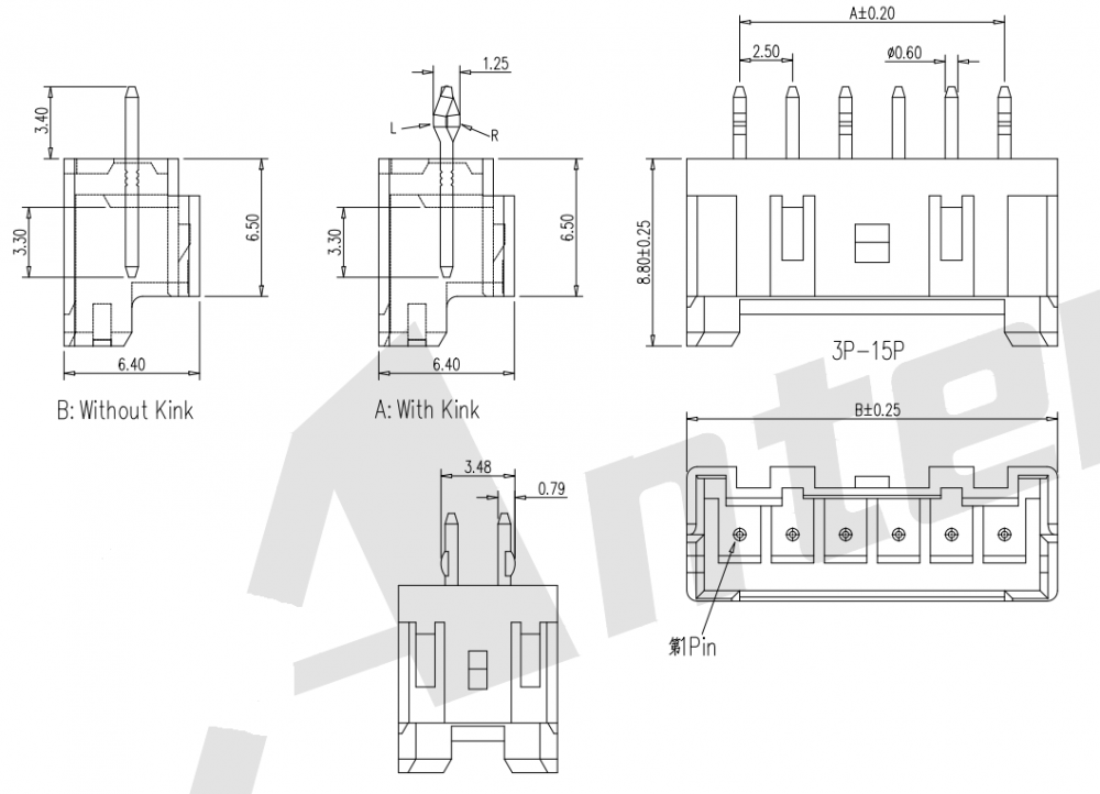 Sê-ri 2,50mm Sân 180 ° Wafer Connector AW2508V-XP