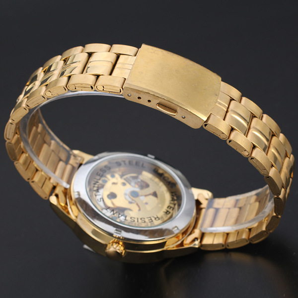 golden skeleton men watch alloy case watch with stainless steel band 
