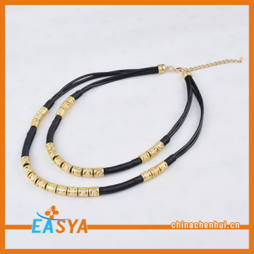 Rose Gold Beaded Black Leather Chain Necklace