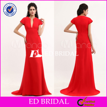 YW272 Simple Elegant Design Red Covered Back Long Evening Dresses With Sleeves