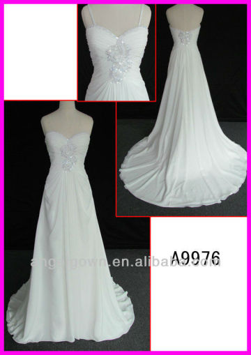 2014 guangzhou panyu detachable spaghetti strap chiffon column wedding dress/bridal gowns with beading motif A9976