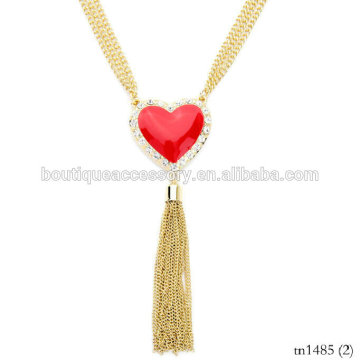 Fashion Jewelry Gold Chian Charm Necklace, Heart-shaped Enamel Crystal Tassel Fringe Pendant Necklace