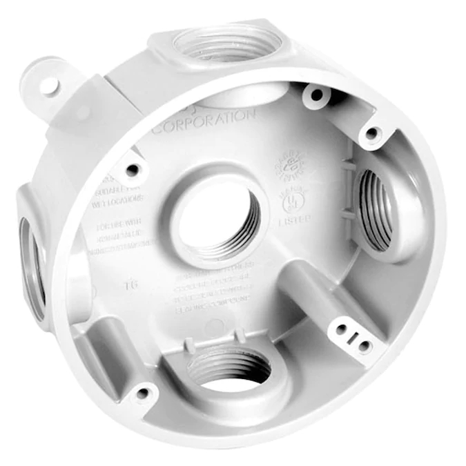 Boîte ronde blanche à l'épreuve des intempéries avec cinq prises de 1/2 po ou 3/4 po Hubbell PRB57550WH EMW3207396, 1,125 po, blanc