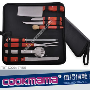 8pcs wood handle knives and bbq tools with carry bag