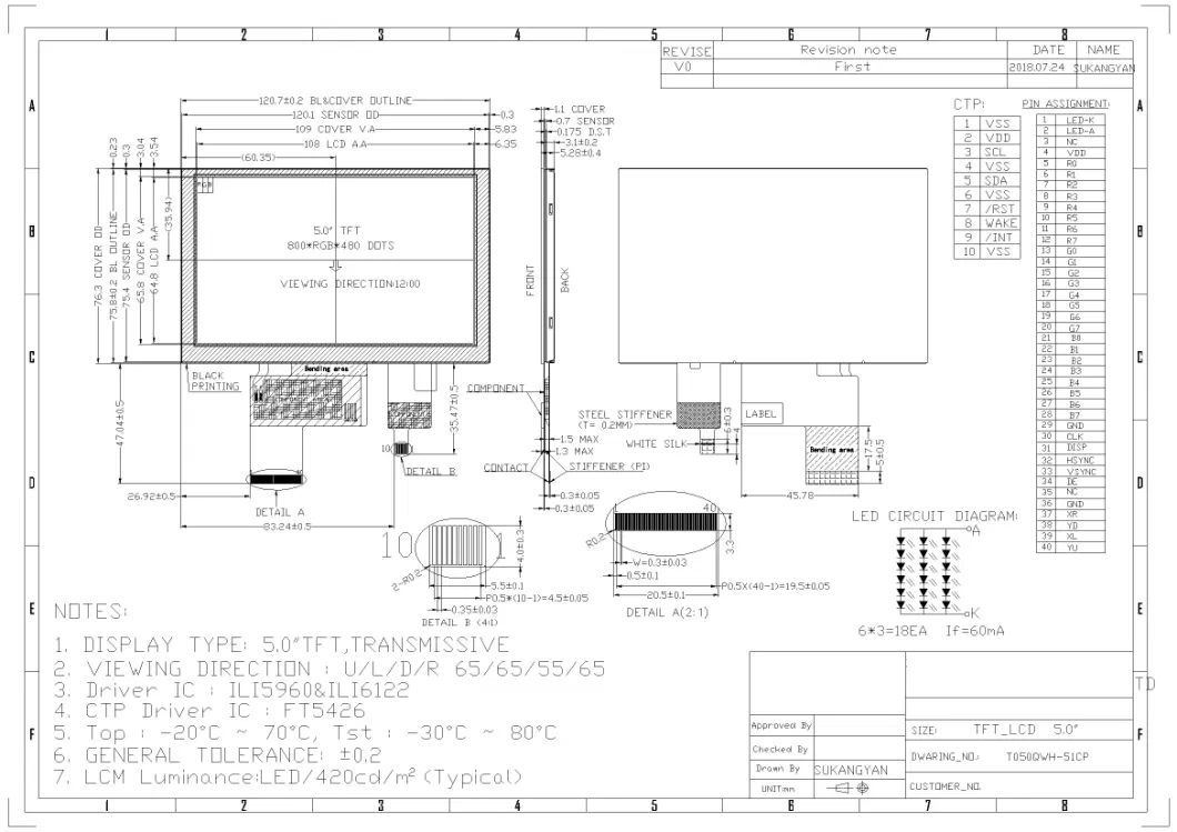 5inch 800X480 TFT LCD Screen with Capacitive Touch
