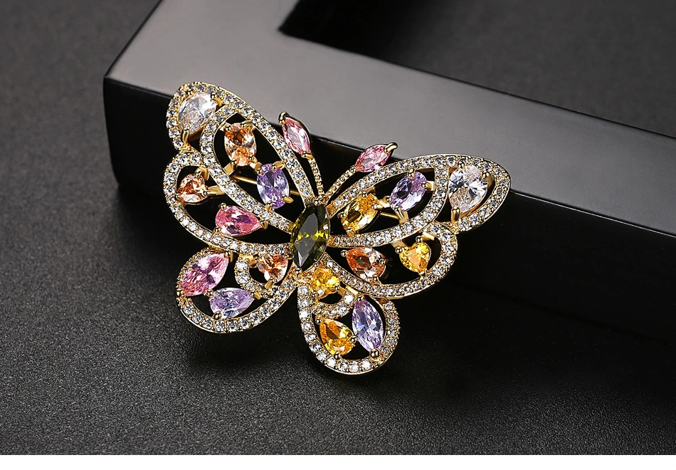 Rainbow Color Gold Plated CZ Butterfly Brass Brooch