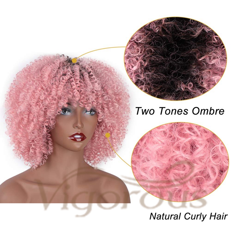 Vigorous Best Selling Wholesale Cheap Price Short Kinky Curly Fluffy Ombre Pink With Bangs For Black Women Synthetic Hair Wigs