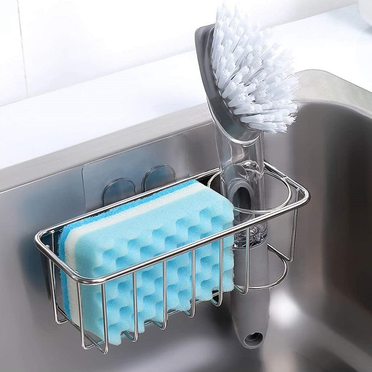 Kitchen Polished Stainless Steel Sink Suction Organizer Basket Sink Caddy Sponge Holder Soap Brush Holder