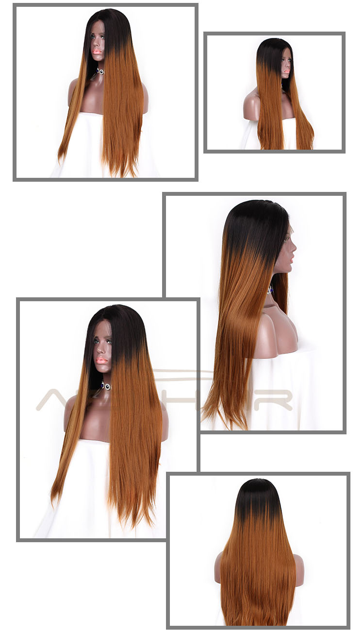 High Quality Ombre Wig Natural Wave Front Lace Brown Dark Root Lace Frontal Long Silky Straight Wig Hair Wigs For Women