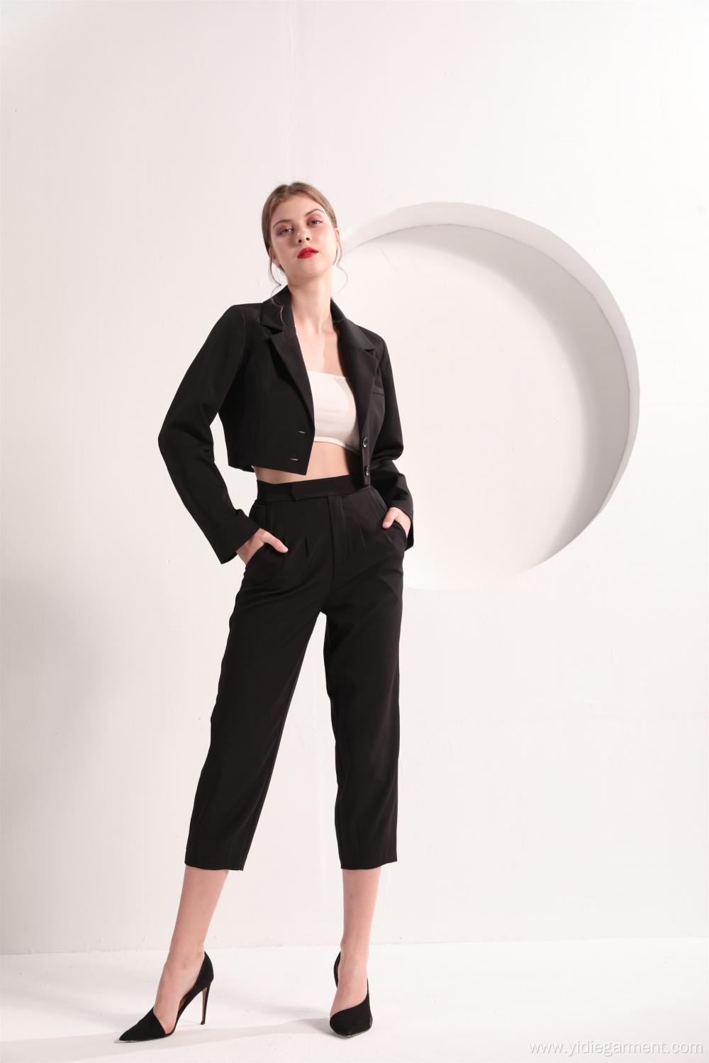 Ladies' Black Color Cropped Blazer and Trousers