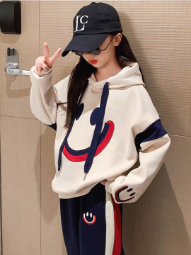 Girls' Autumn and Winter Plush Set Autumn and Winter Cartoon Hooded Top Two Piece Set