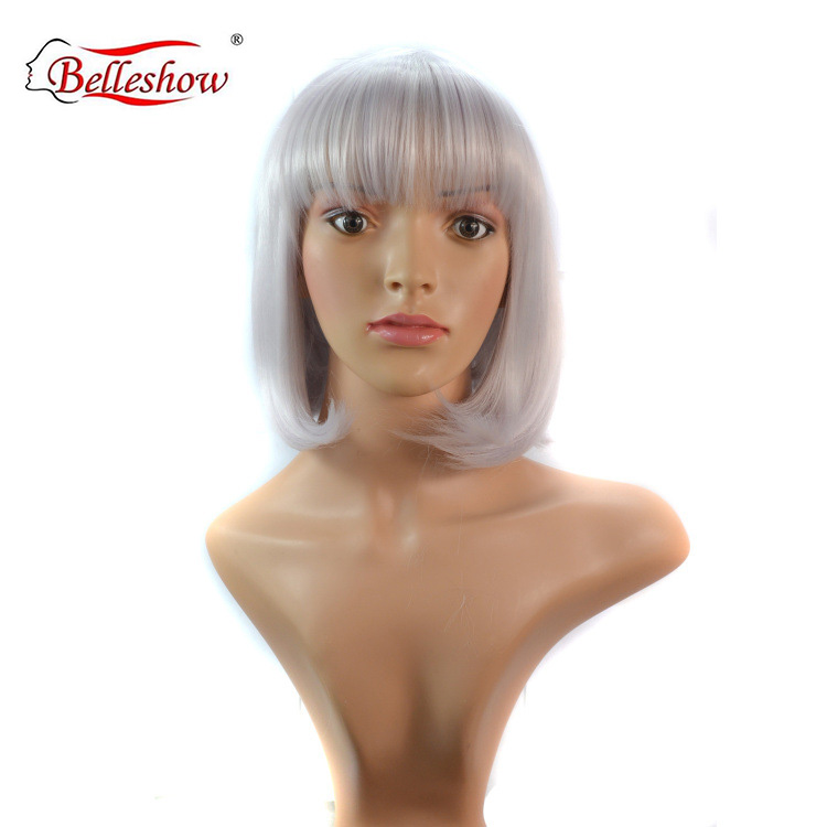 Hot sell wholesale bob wig style synthetic fiber hair bobo head student head lady silver white wig head set wigs