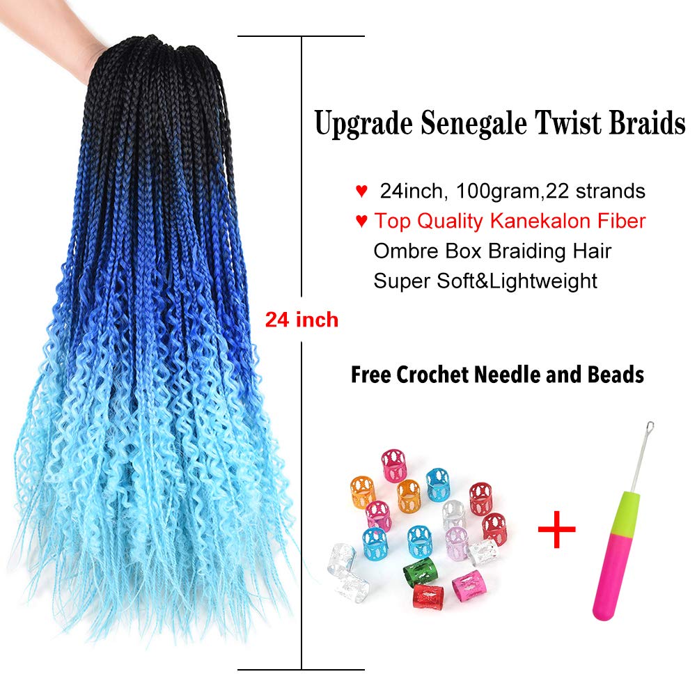 100g 24" box braids with curly ends crochet braid hair pre looped twist