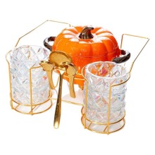 Creative Pumpkin Stockpot Glass Bowls Set with Ceramic Heated Grill Pans and Gold Rack