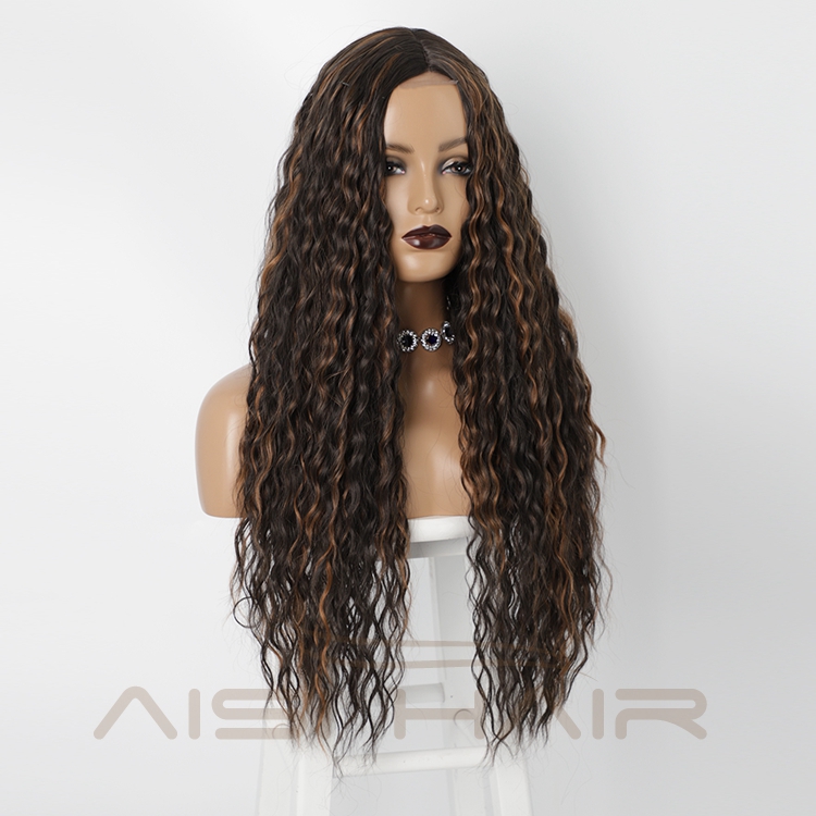 Afro Heat Resistant Friendly Cheapest Natural Mixed Black Brown Long Deep Wave Synthetic Hair Wigs Lace Front