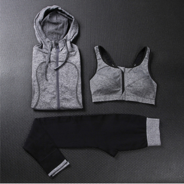 Customized polyester/spandex three pieces set femleisure yoga jacket