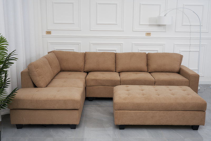 L Shaped Sectional Fabric Sofa With Ottoman