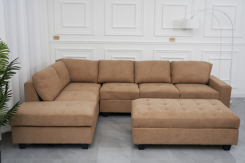 Fabric L Shaped Tufted Sofa With Ottoman