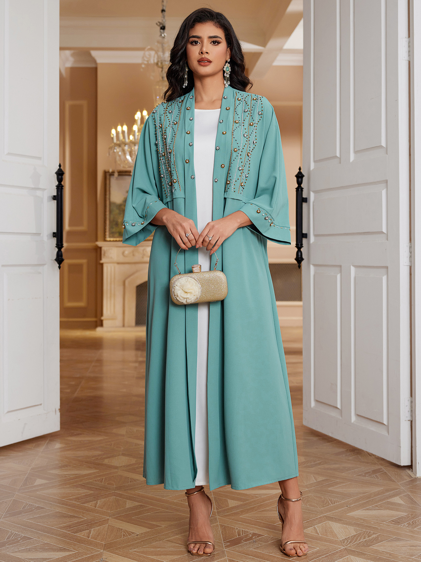 ژاکت کش باف پشمی با منجوق دستی باز ابایا (3) Hand Beaded Open Abaya Cardigan (3)