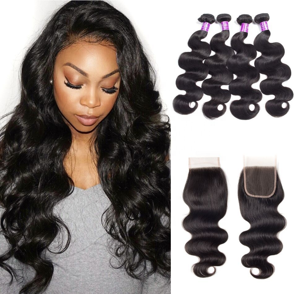 Wholesale Brazilian Virgin hair Vendor  straight Bundles With Lace Closure 4x4 Unprocessed natural hair human hair bundles