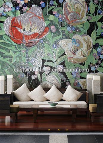 glass painting pictures of flower,glass stone mosaic wall tile