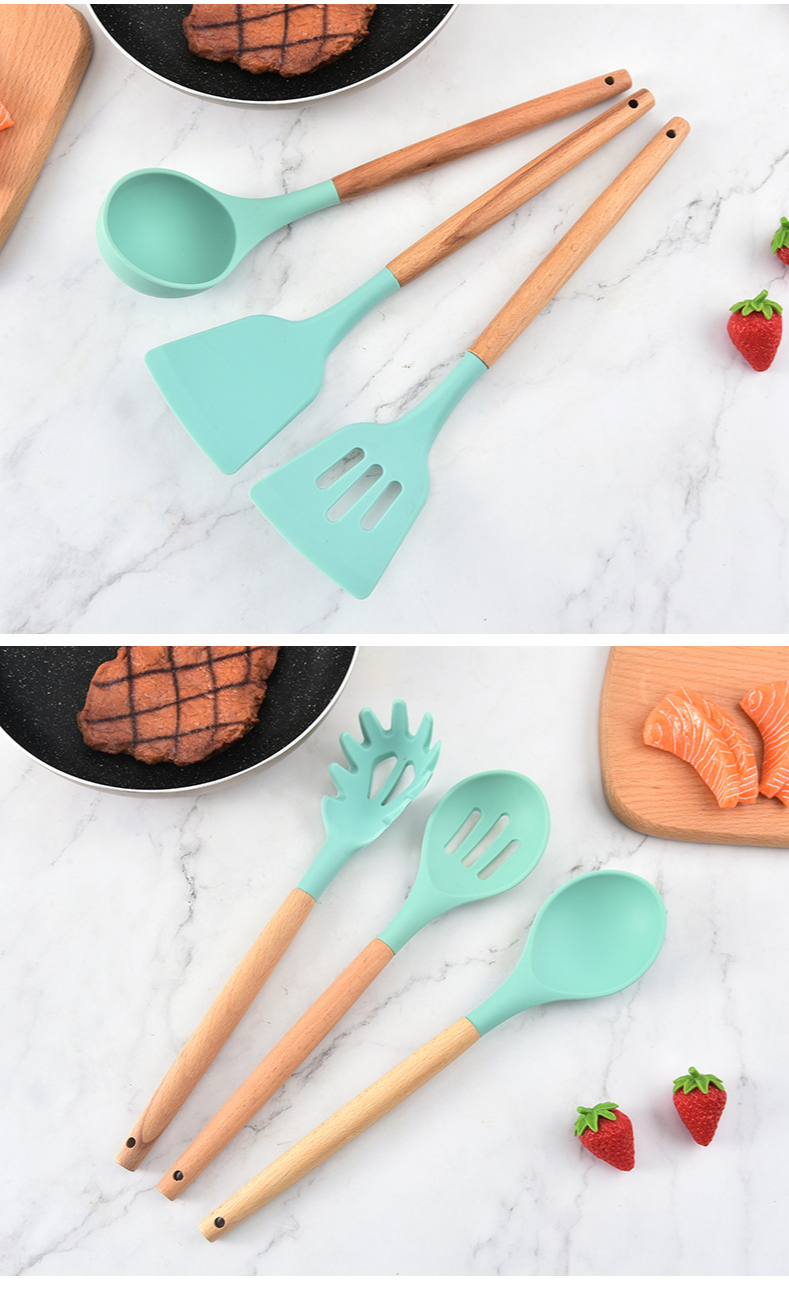 12 Pieces In 1 Set Silicone Kitchen Accessories Cooking Tools Kitchenware Silicone Kitchen Utensils with Wooden Handles