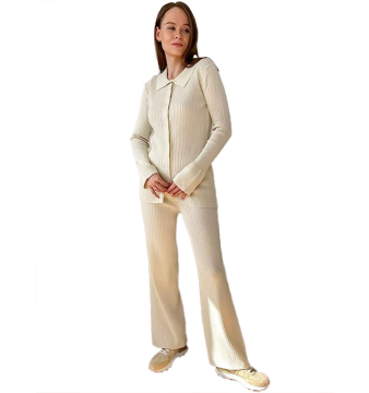 Knitted Long Sleeve Button-Up Collar Bodycon Ribbed Knit Set Loungewear