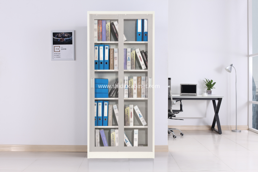 Tall Metal Storage Cabinet with Glass Sliding Doors