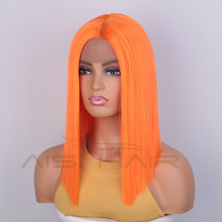 Aisi Hair Medium Long 16 Inch Cosplay Orange Wig Swiss Lace Wig Silky Straight Synthetic Lace Frontal Hair Wigs For Black Women