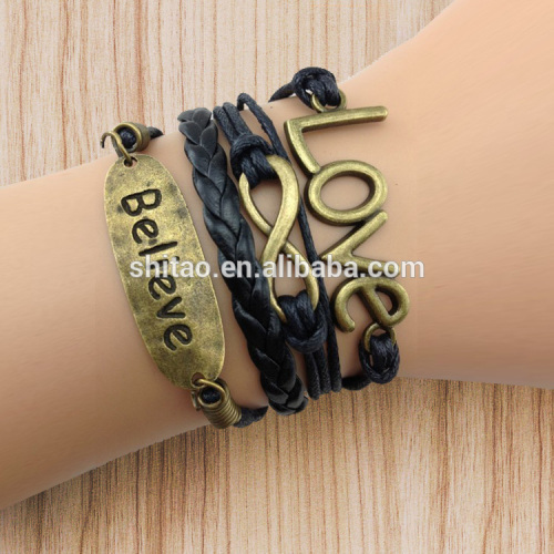 2014 Fashion ,Infinity Bracelet,love and believe Wax Cords Leather Bracelet