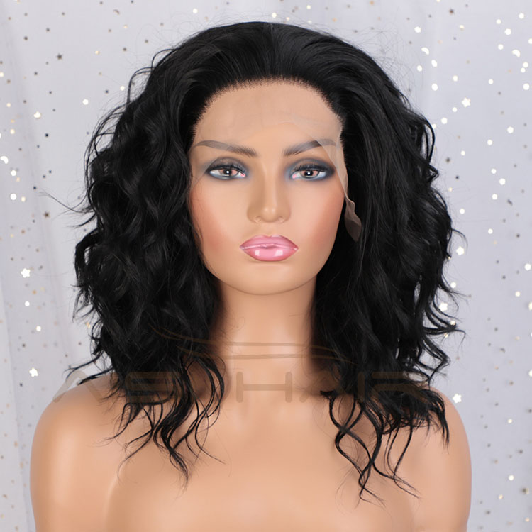 Aisi Hair Top Quality 16 Inch Curly Wave Black Wig Long Wavy Swiss Lace Wig Synthetic Lace Front Hair Wigs For Black Women