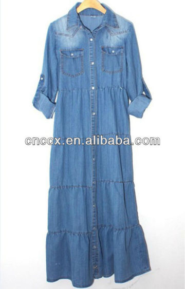 13CD1155 Ladies cotton denim maxi designer dress