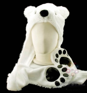 Full Hoodie Long Cap scarf mitten Polar Bear plush animal hat