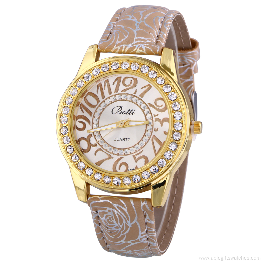 Vein Leather Strap Rhinestone Quartz Watch