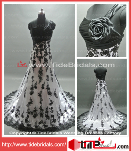 One Shoulder Black Lace Wedding Gown Bridal Dress for Brides (EM05)