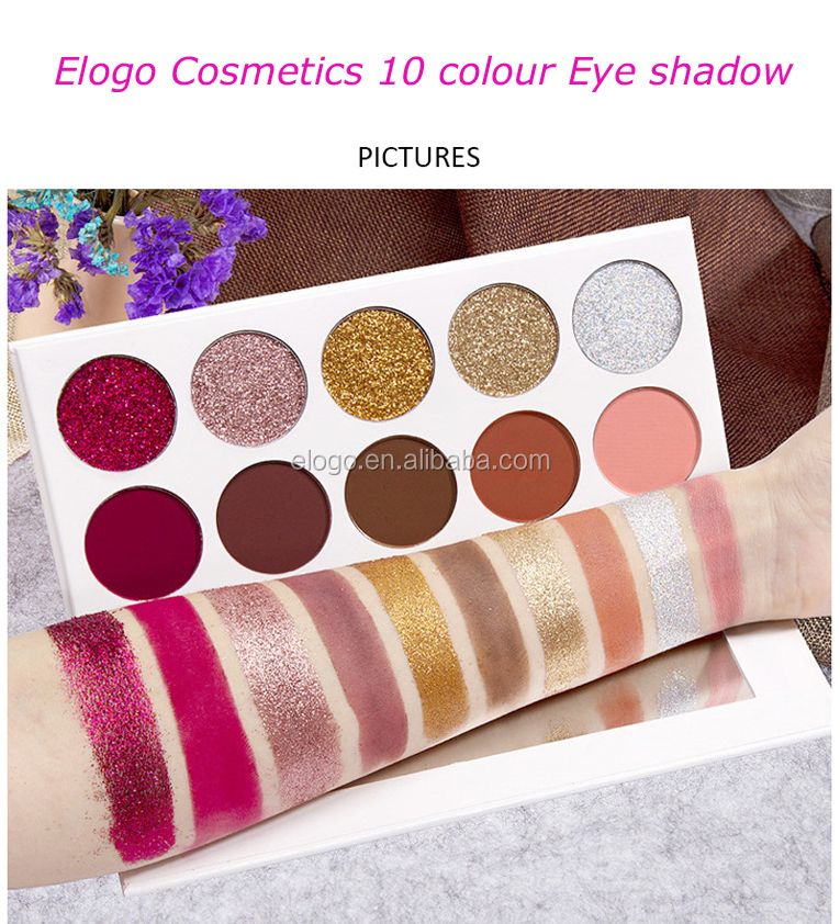 High quality Private Label Make Up Cosmetics 10 Color Pressed Glitter Eyeshadow Palette with White Box