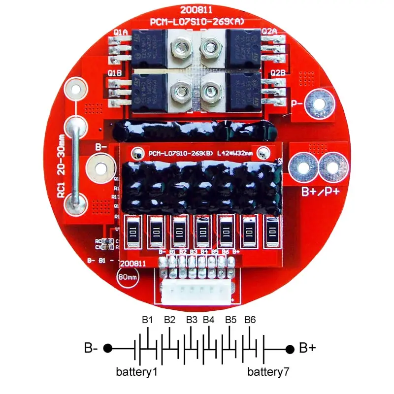 5s~7s 15A Circular PCM BMS for 24V 25.2V 25.9V Li-ion/Lithium/ Li-Polymer 21V 22.4V LiFePO4 Battery Pack Size Φ 80mm (PCM-L07S10-269)