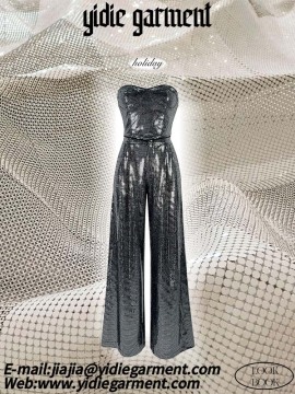 Women's Glitter Strapless Silver Sequin Two Piece Set