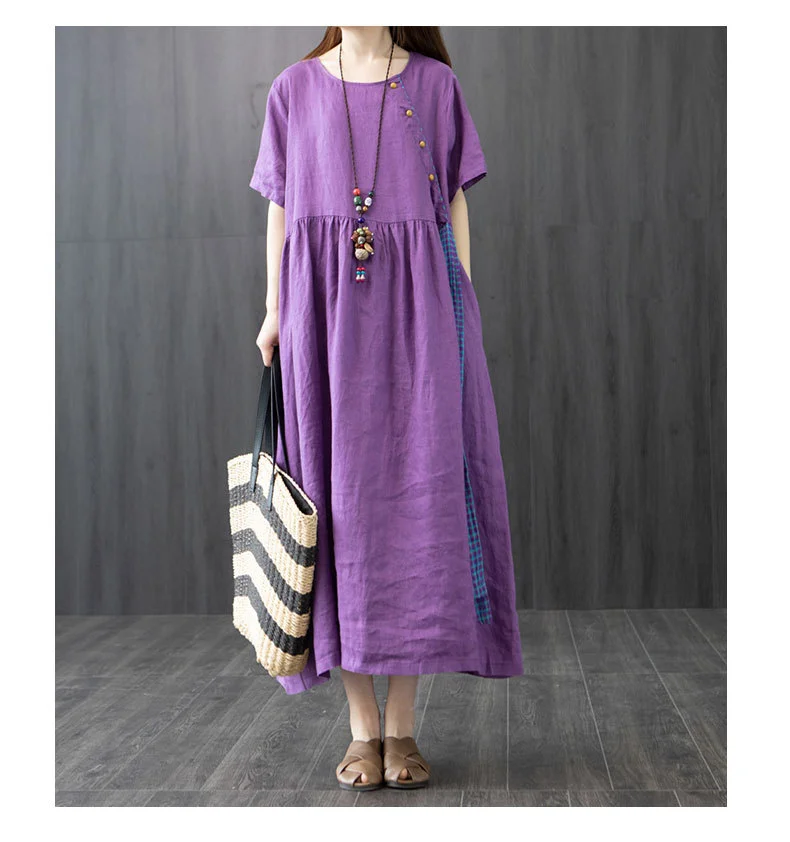 Cotton and Linen Summer Short-Sleeved Loose MID-Length Dress