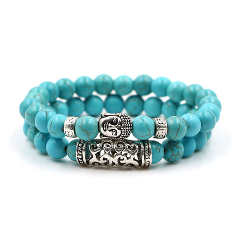 2PCS Gemstone Buddha Head Bracelet for women Men