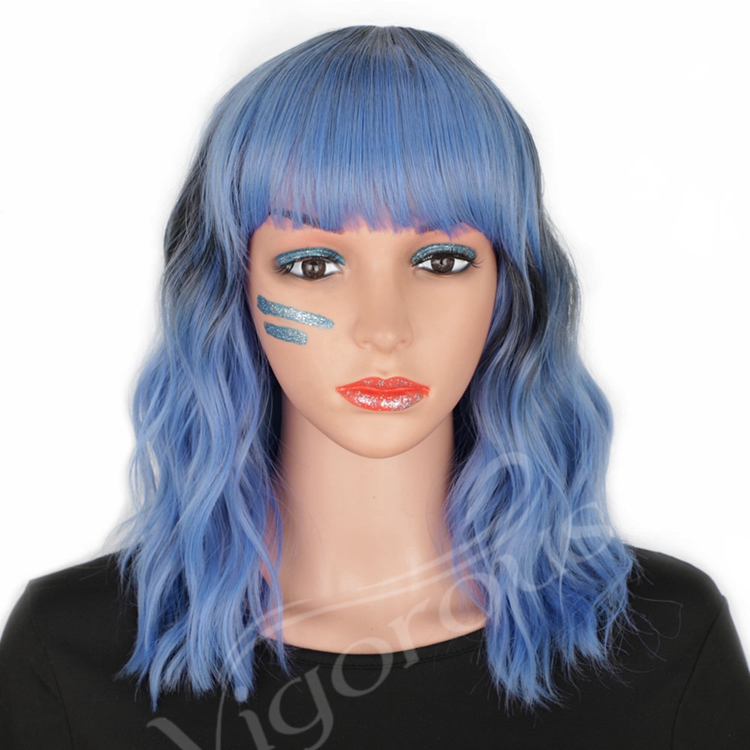 Ombre Blue Black Cheap Heat Safe Fiber High Quality Afro Wholesale Synthetic Short Wigs For Black Women