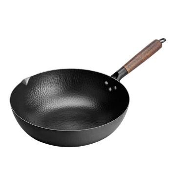 Fish Scale Shape Black Carbon Steel Hand Hammered Wok Pow Wok Pan With Beech Wooden Handle black steel wok