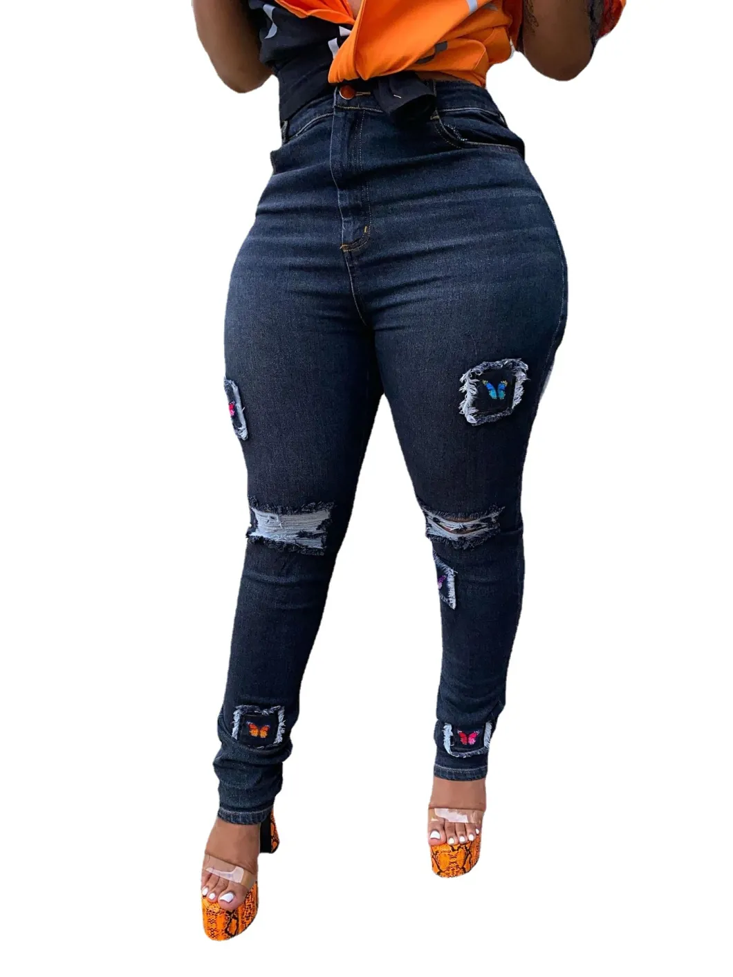 L99533 New Fashion Ripped Patch Butterfly Embroidery Washed Hole Jeans