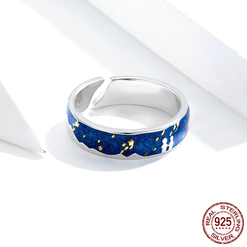 925 sterling silver ring jewelry women Love Keepsake souvenir meteor shower enamel silver adjustable  rings