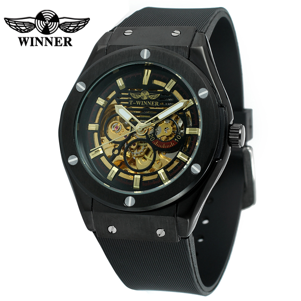 WINNER Luxury Brand Watches Mens Mechanical Watches Rubber Watch Band Male Automatic Skeleton Luminous Sport Wristwatch