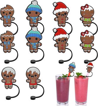 Christmas Gingerbread Man Straw Covers: Silicone Topper Set for Festive Beverage Serving