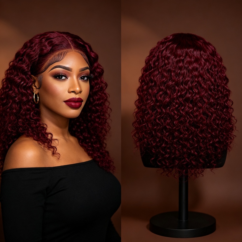 14 Inch 13x4 HD Lace Frontal Kinky Curls 180% Density Burgundy Wig